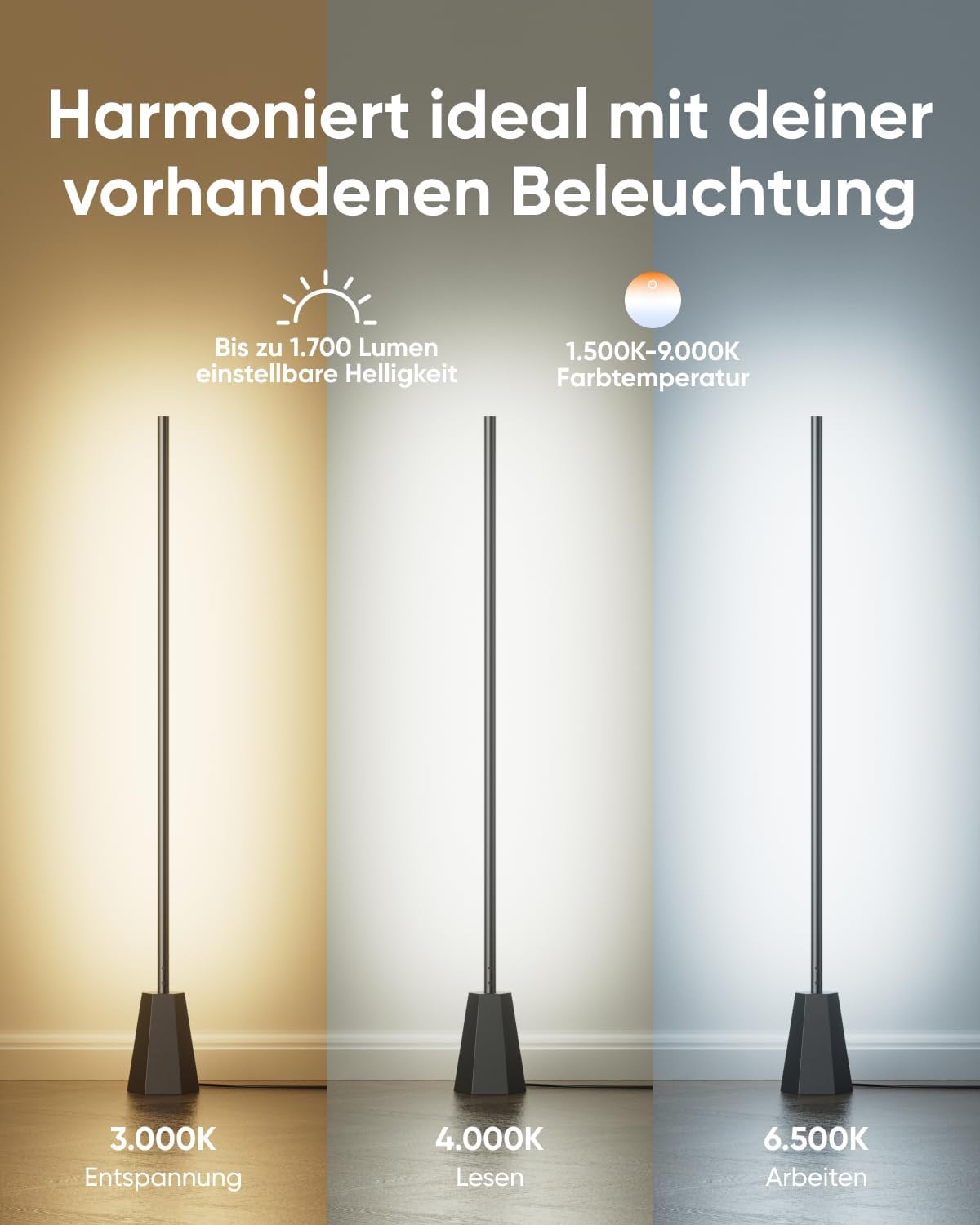 eufy Zimmer-Stehlampe E10, RGBWW LED, Smarte Stehlampe für Wohn- und Schlafzimmer, 16 Mio. Farben, 1700 Lumen, Kompatibel mit Google, Endlose KI-Lichtthemen, App-Steuerung, Musikmodus, Schwarz