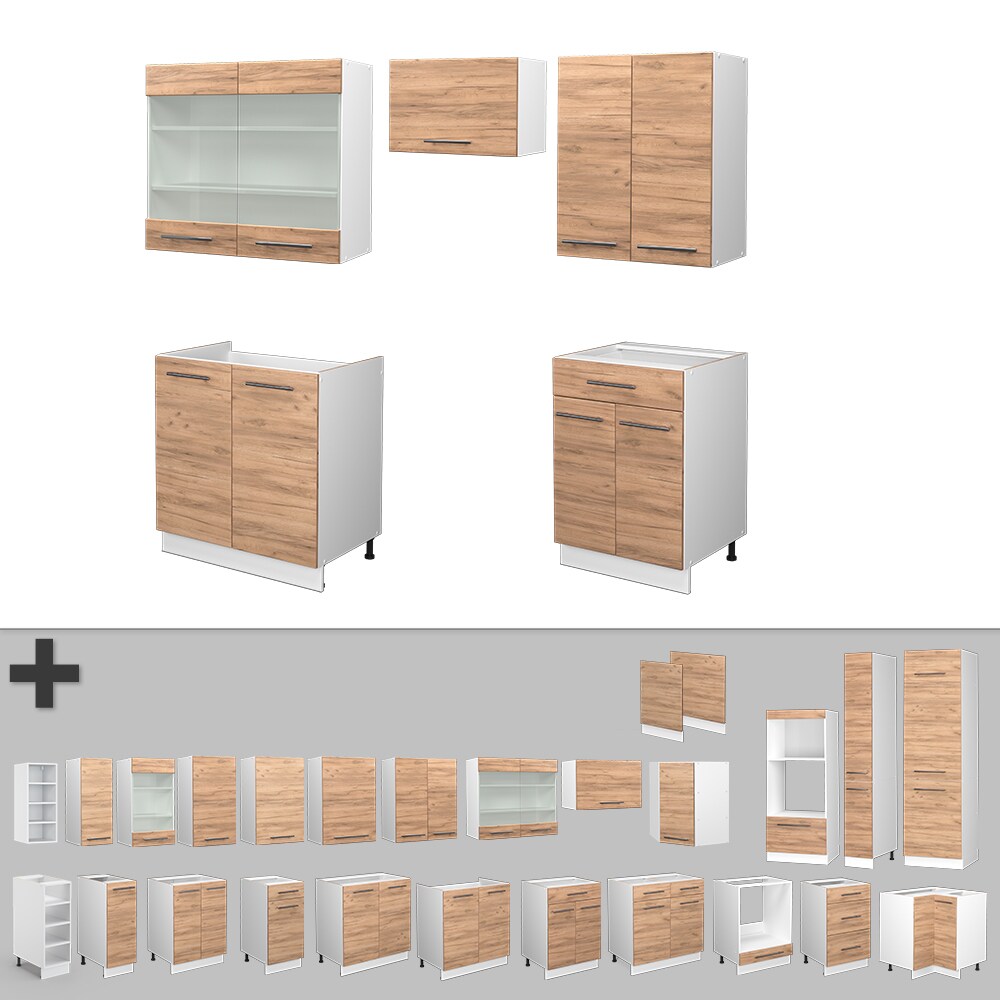 Vicco Küchenzeile Küchenblock Einbauküche Fame-Line Weiß Eiche 200 cm modern Küchen Schränke Schubunterschrank Spülenunterschrank Hängeschrank Hängeglasschrank