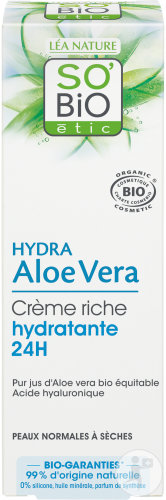 So'Bio Étic Hydra Aloe Vera Crème Riche Hydratante 24h Peaux Normales À Sèches Bio 50ml