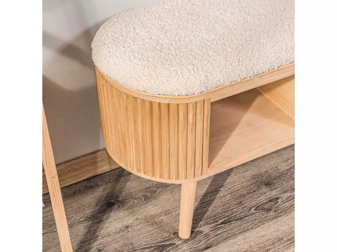 Banc avec rangement en pin et bouclettes blanc