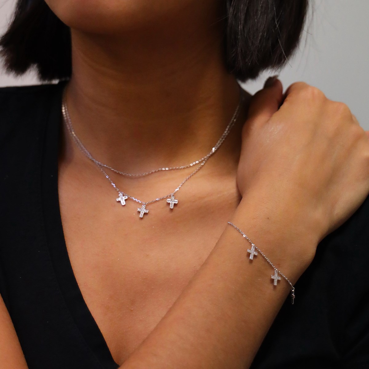 Parure Santa Collier Bracelet Croix En Argent Et Zirconium Blanc