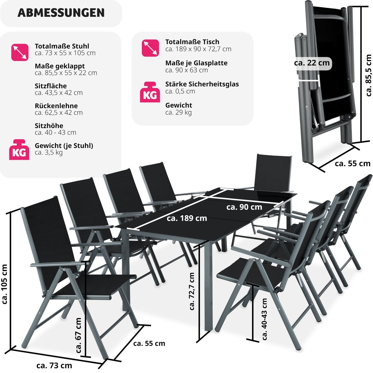 tectake Pompeii zitgroep met aluminium frame, voor 8 personen, tafel met veiligheidsglasplaat en stelschroeven