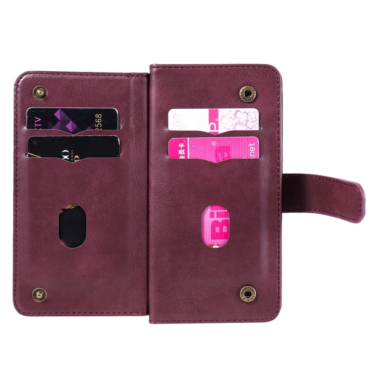 iPhone 16e Leder Tasche Flip Cover Kartenfächer mit Druckknopfverschluss - Weinrot