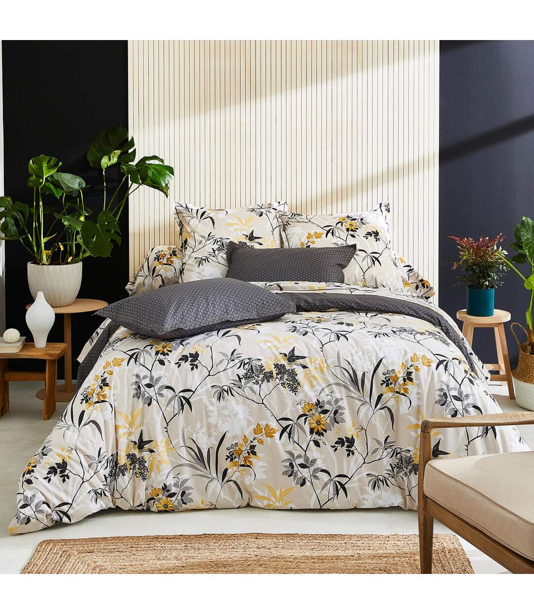Drap housse imprimé 90x200 cm percale de coton ASIA gris Anthracite Bonnet 30 cm
