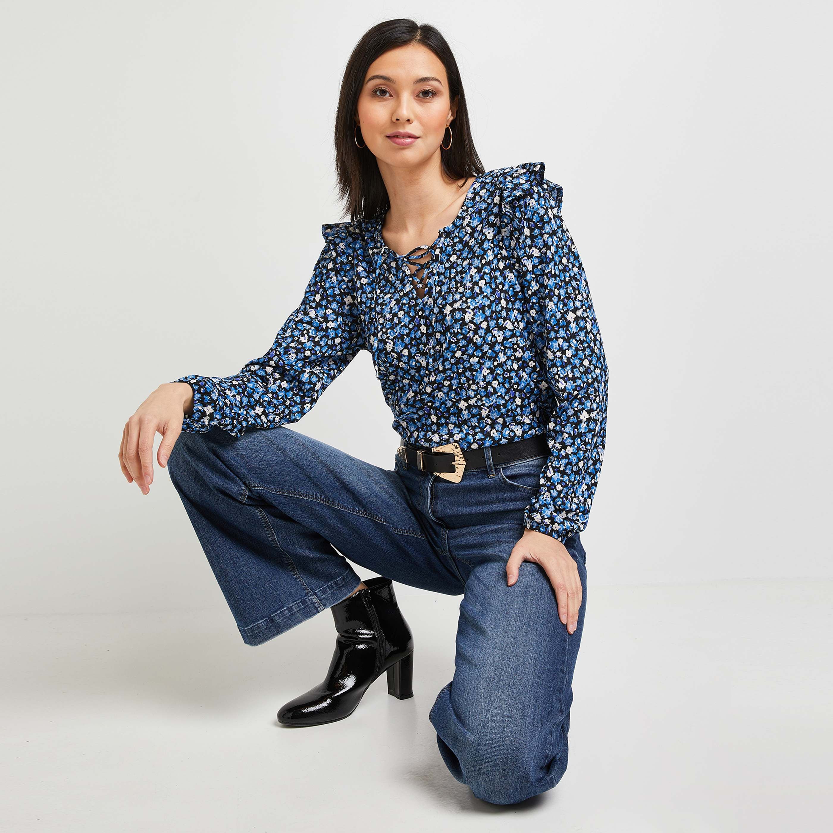 Blouse froissée imprimé fleurs - BLEU
