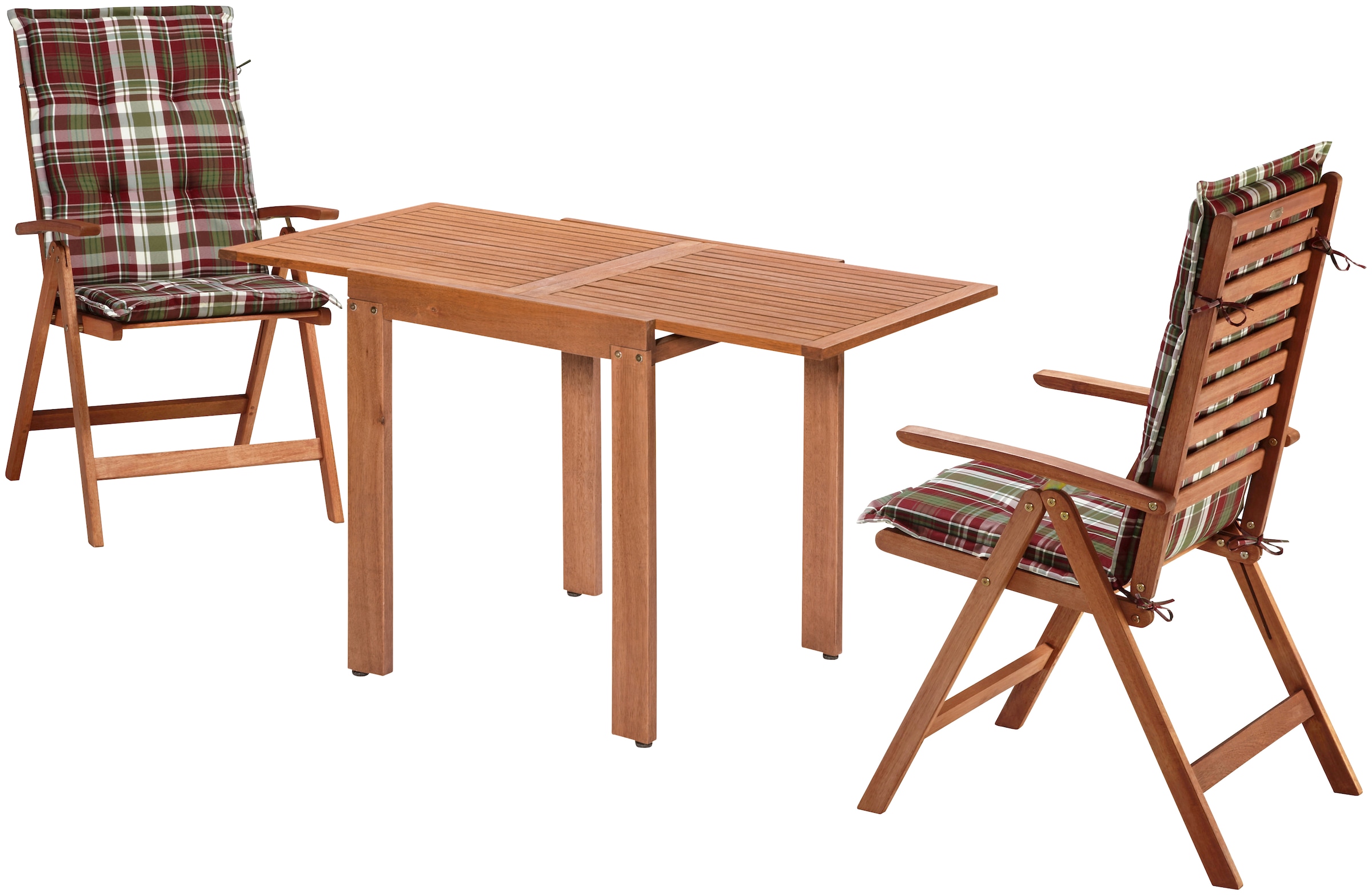 MERXX Balkonset »Borkum« 2x Klappsessel, inkl. Kissen, 1x Balkonausziehtisch 65(130)x65 cm, 5 Stk. tlg. Eukalyptusholz, FSC® Mix, geeignet für 2 Personen