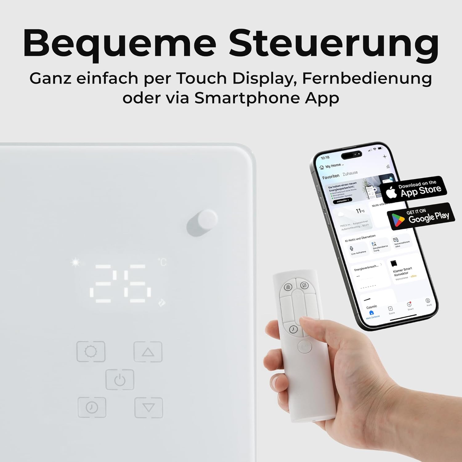 KLAMER Konvektor Pro 2500 W WLAN Heizgerät – Smart Konvektor mit App- & Timersteuerung, ECO- & Frostschutzmodus, LED-Display, Überhitzungsschutz, für Wohn- & Schlafräume, Wand- oder Standmontage