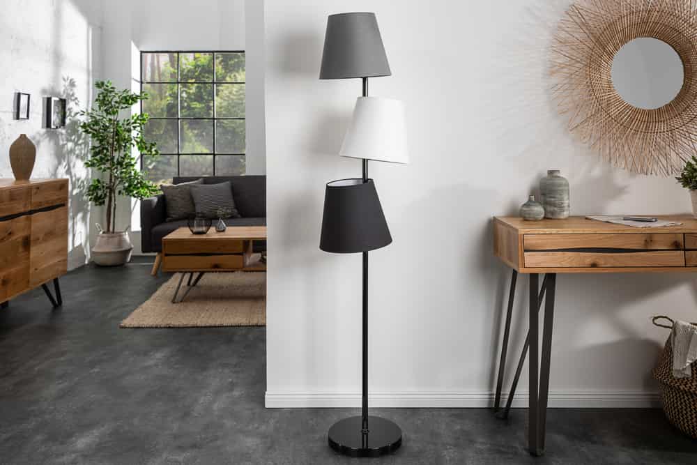 Design Stehlampe LEVELS 163cm schwarz grau mit 3 Leinenschirmen