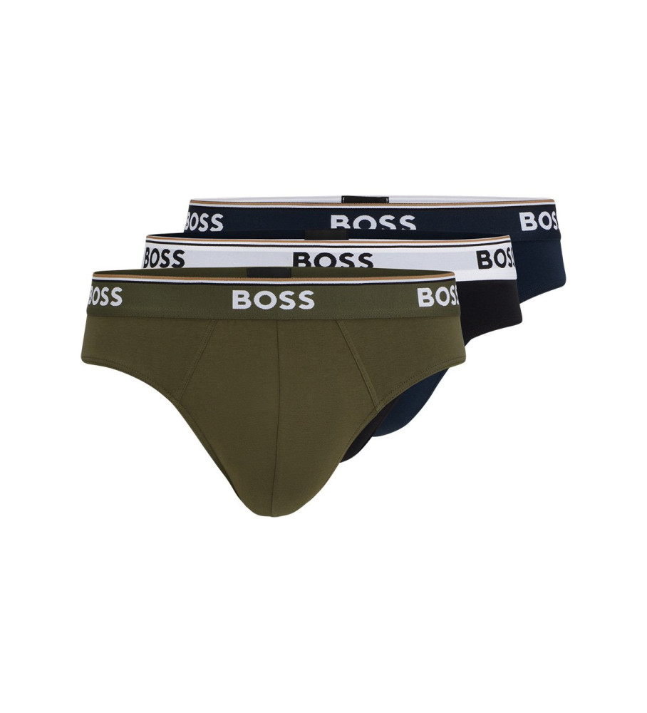 Cuecas BOSS Pack com 3 unidades, cós com logo nas cores verde, azul-marinho e preto.