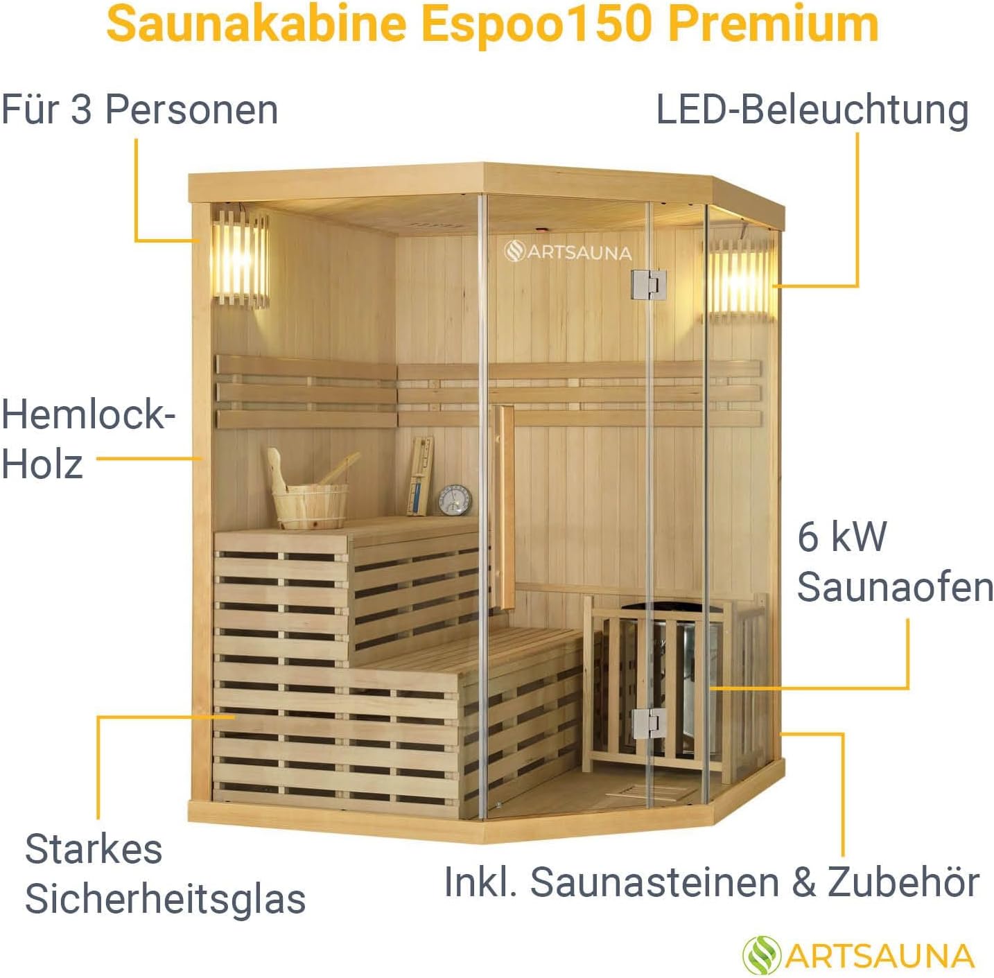 Artsauna Saunakabine Espoo150 Premium mit Harvia Ofen — 3 Personen — Hemlock Holz, Glasfront und LED Licht — Inkl. Thermometer & Sanduhr —Komplett Set