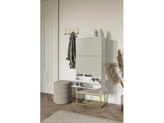 Meuble à chaussures 3 portes - 50x30x125 cm - grège avec pieds dorés - VELDIO