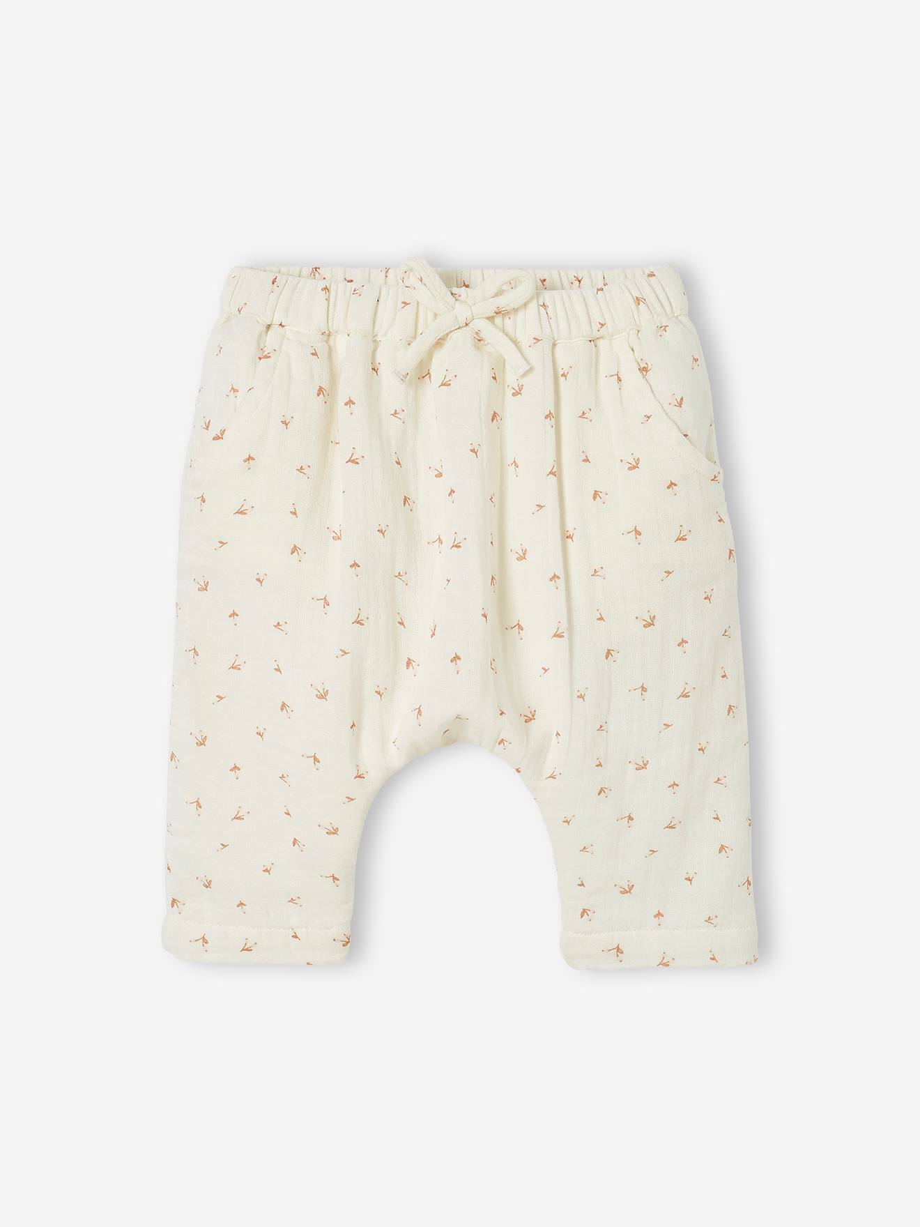 Calças harém em chiffon de algodão com forro, estampa infantil branca clara.