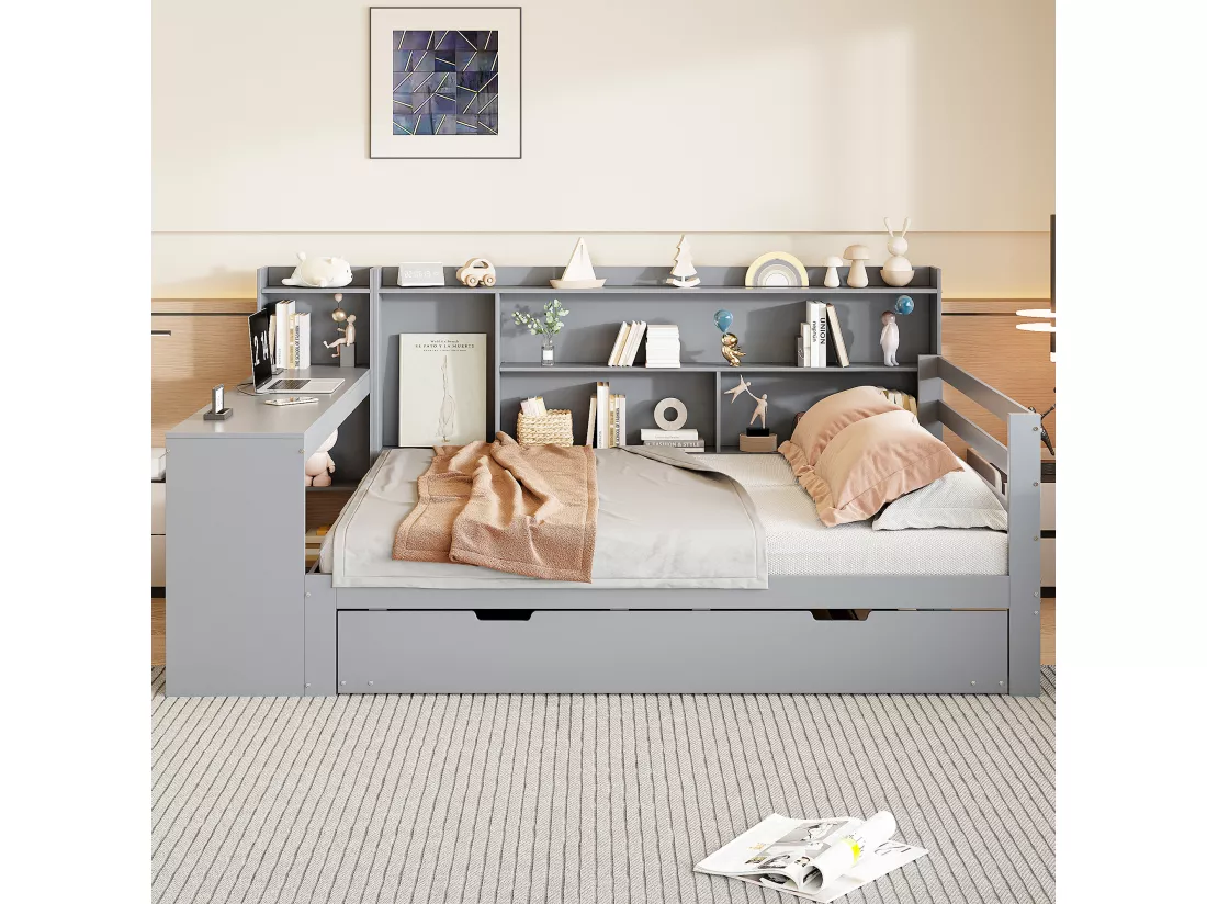 Lit gigogne 140 x 200 cm + 90 x 190 cm - avec bureau, compartiments et prises USB - Pin + contreplaqué + MDF - Gris