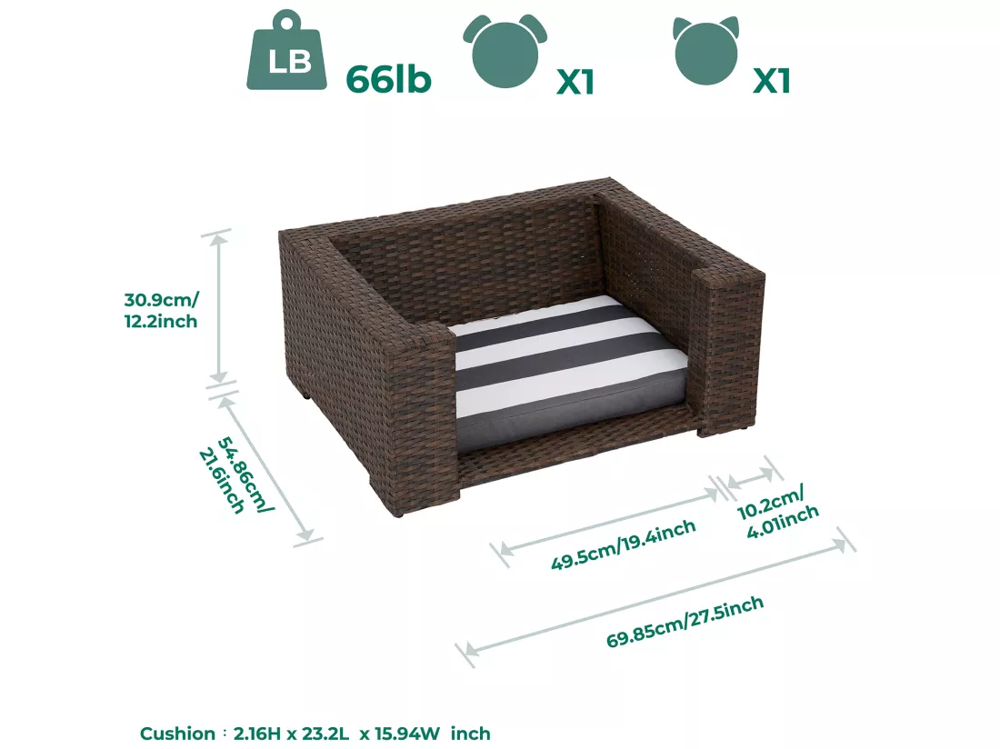 Rotin Chat ou Petit Chien Lit surélevé avec Coussin Lavable