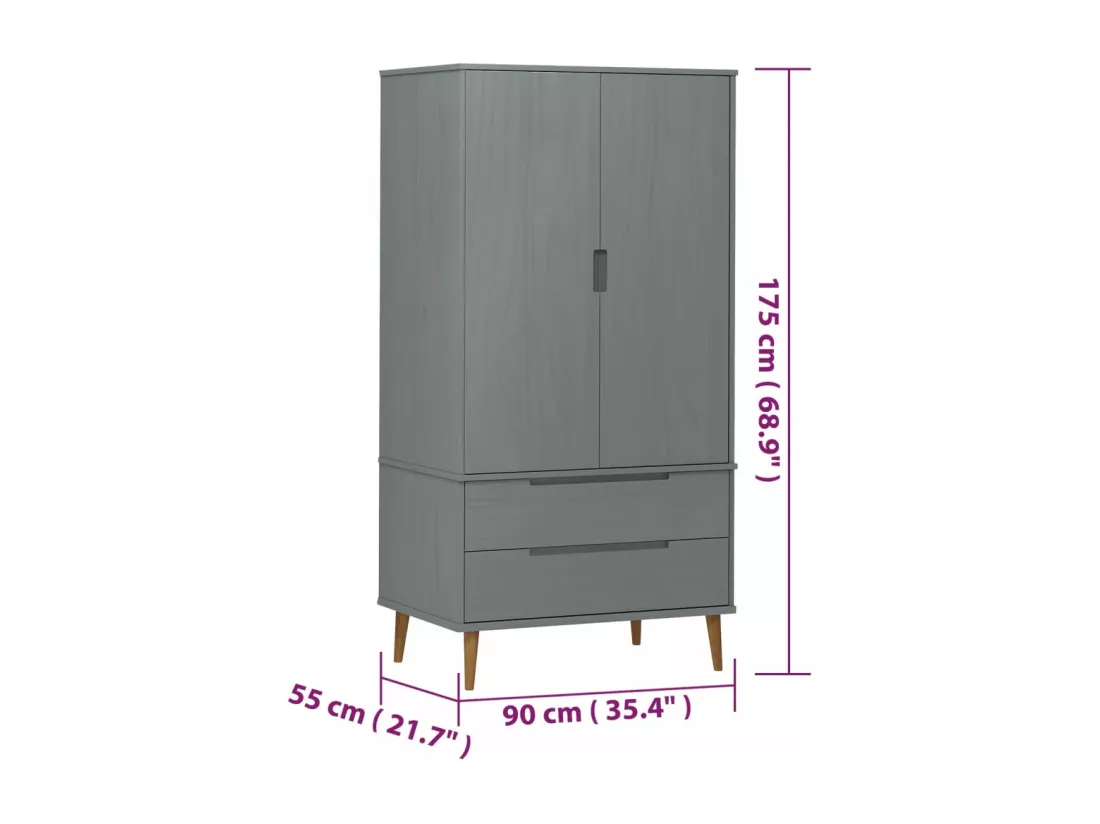 Garde-robe MOLDE Gris 90x55x175 cm Bois massif de pin