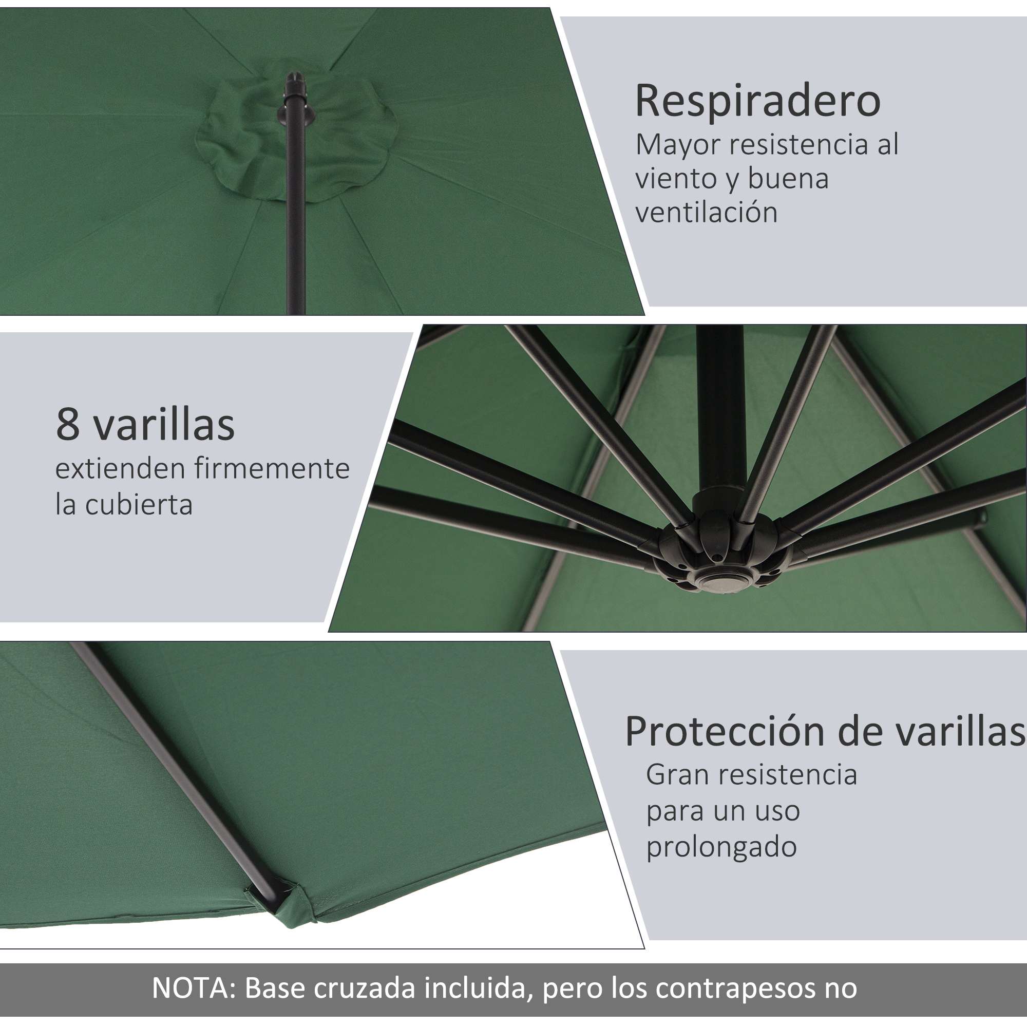 Guarda-sol de jardim Outsunny Ø300x250 cm, com inclinação excêntrica, manivela, base cruzada e suporte de aço, proteção solar para terraços externos, verde.