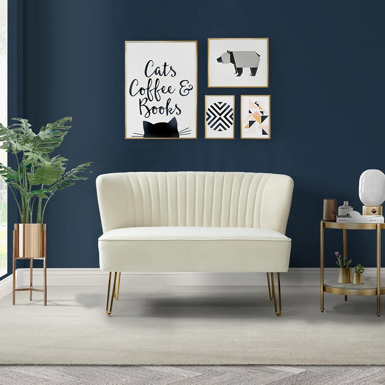 HULALA HOME Sofa 2 Sitzer Lounge Sofa Klein für Jugendzimmer Wohnzimmer Couch aus Samt mit goldenen Metallbeinen für Schlafzimmer, 114 x 74 x 79 cm, Weiß