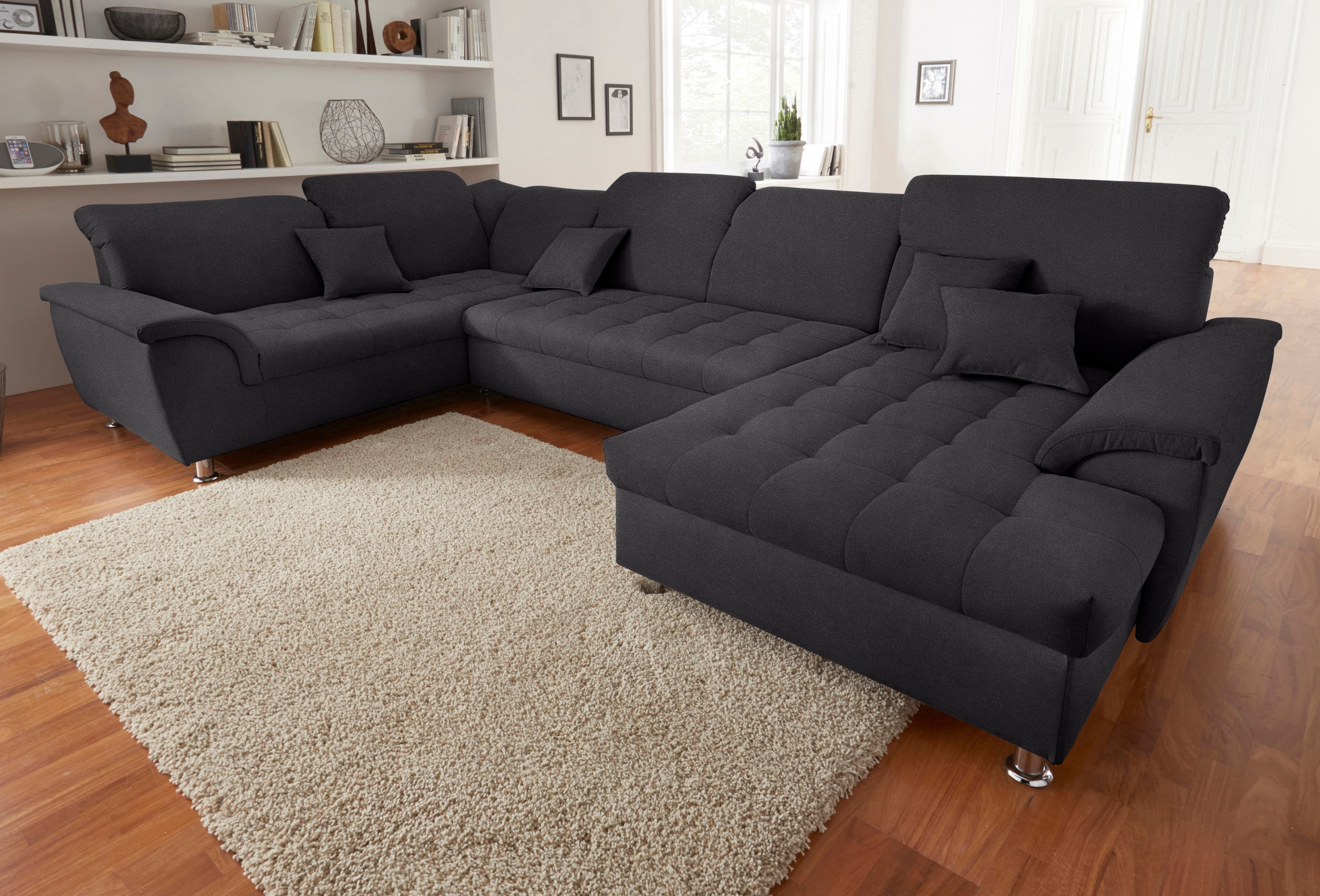DOMO collection Wohnlandschaft »Franzi mit Kopfteilverstellung, U-Form mit viel Platz, bequem« XXL-Sofa, U-Form, belastbar bis 140kg/Sitz, graphite, Breite: 352cm