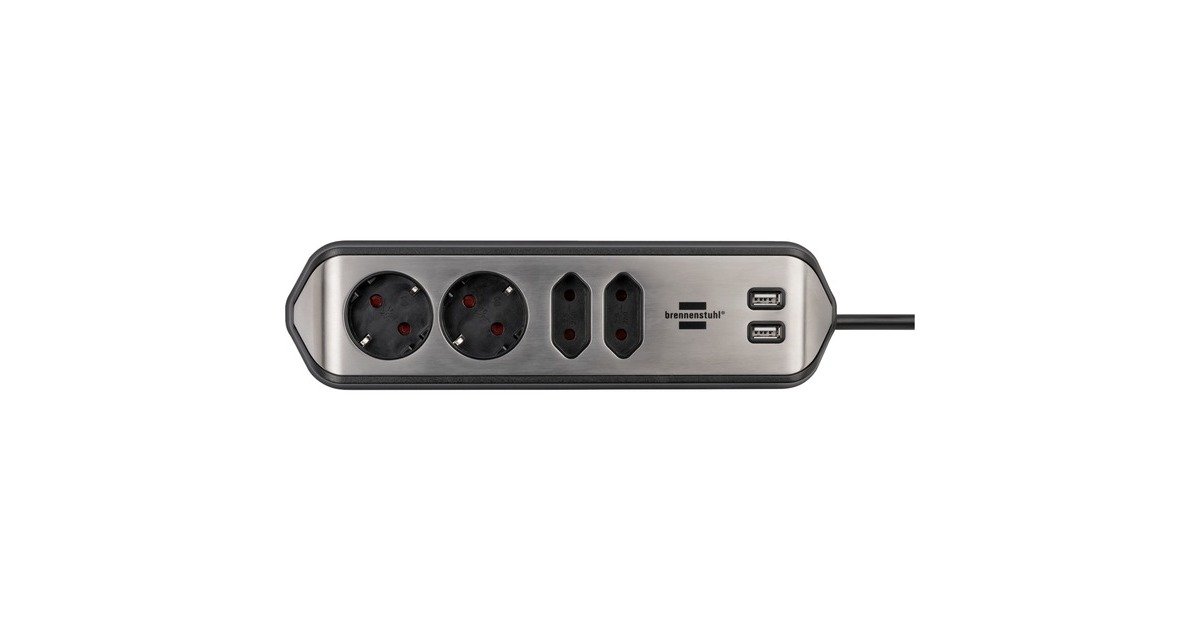 BrennenstuhlEstilo Hoekstekkerdoos 4-voudig stekkerdoos  (Zwart/roestvrij staal, 2x USB)