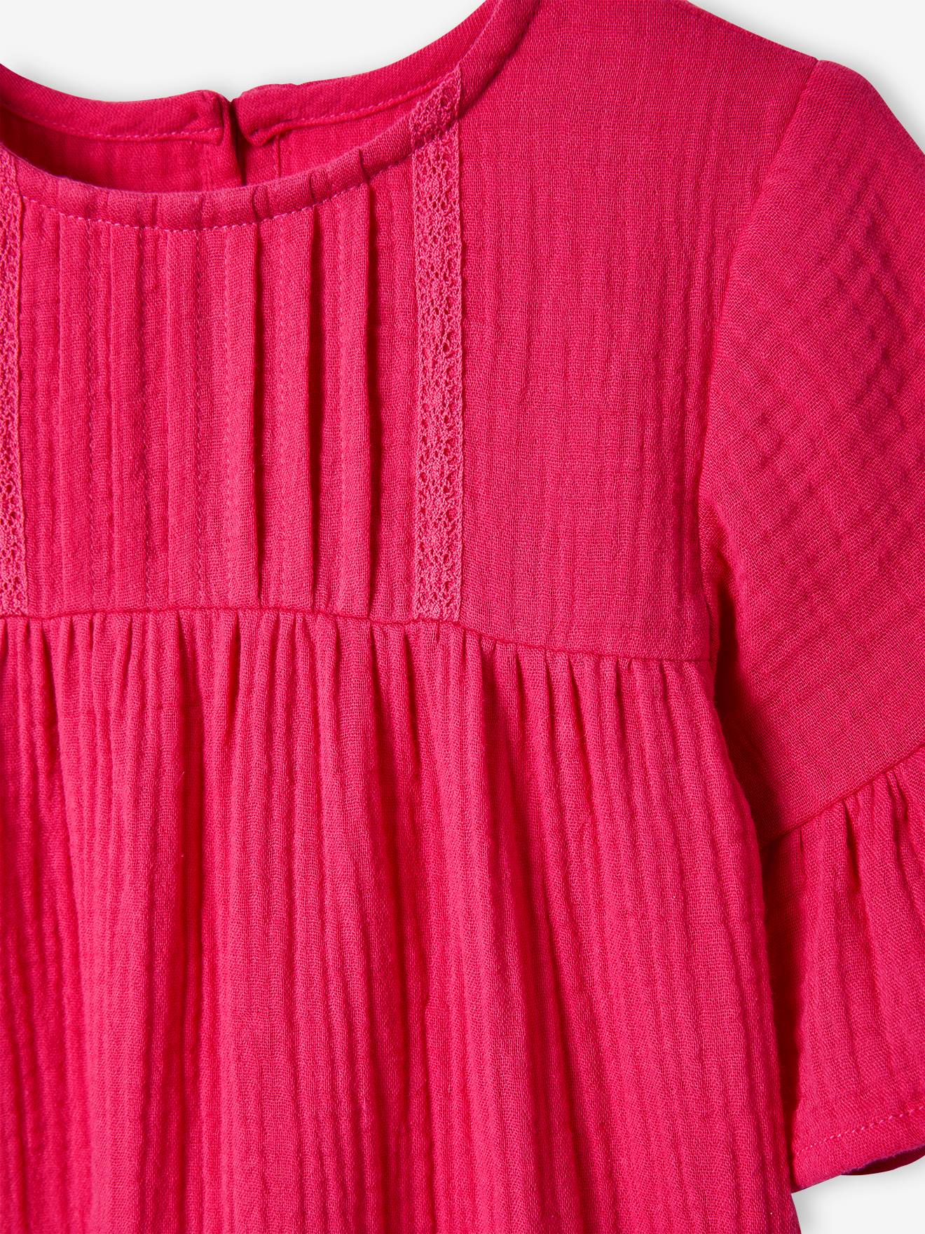 Vestido rosa framboesa em chiffon de algodão para meninas