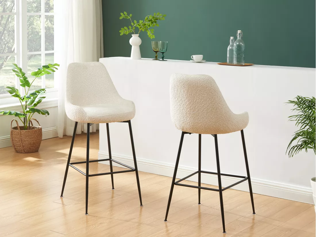 Lot de 2 tabourets de bar en tissu bouclette et métal noir - Blanc - TOYBA de Pascal Morabito