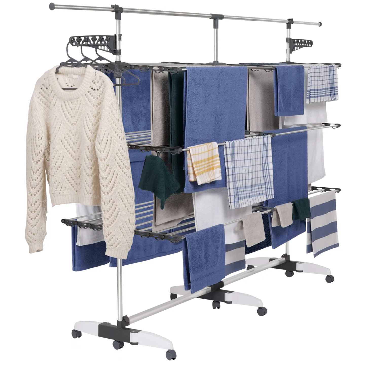 Séchoir à linge vertical pliable 3 niveaux SUPRA capacité 50M avec tringle télescopique blanc et gris