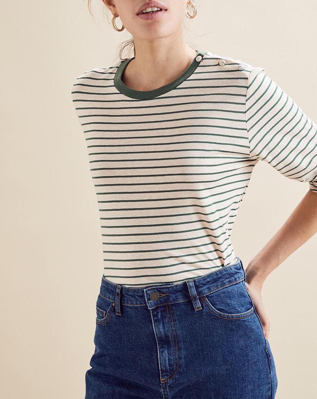 Chloé Stora T-Shirt en Lin mélangé Théodore rayé nude/vert