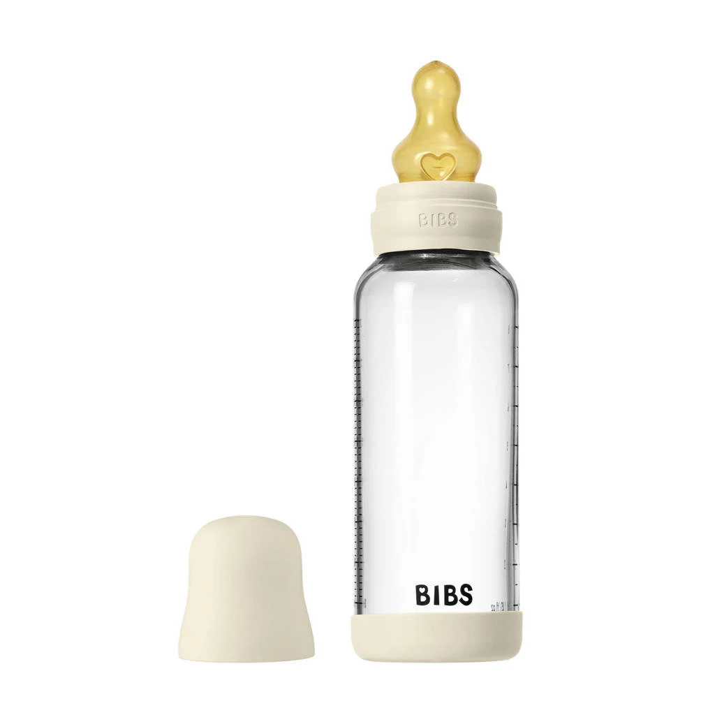 BIBS Glazen Babyfles - 240 ml - Ivory - met latex speen en opvouwbare trechtertje