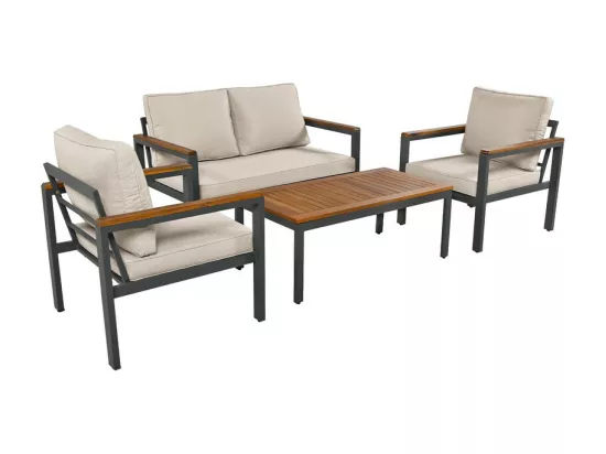 Salon de jardin en acier galvanisé - 1 canapé 、2 fauteuils et 1 table basse - décoré de Bois d'Acacia - Beige