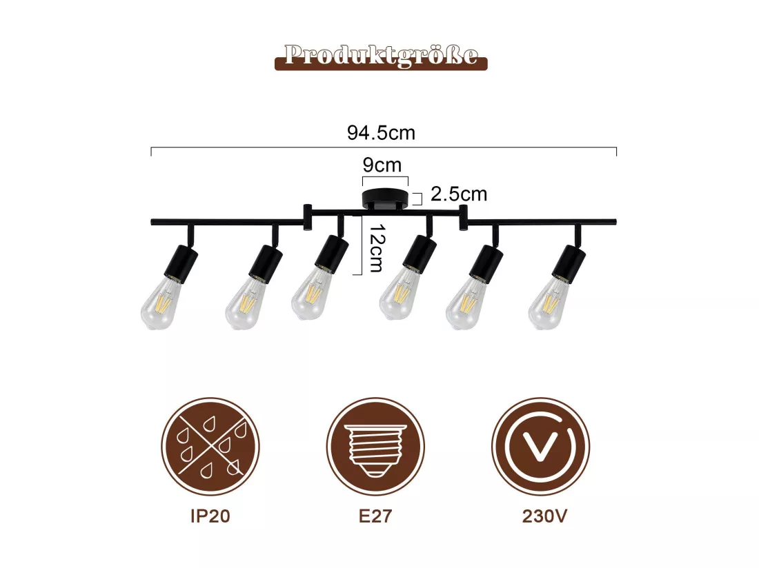 NETTLIFE Spot de plafond plafonnier noir E27 vintage 6 flammes plafonnier orientable 350°industriels