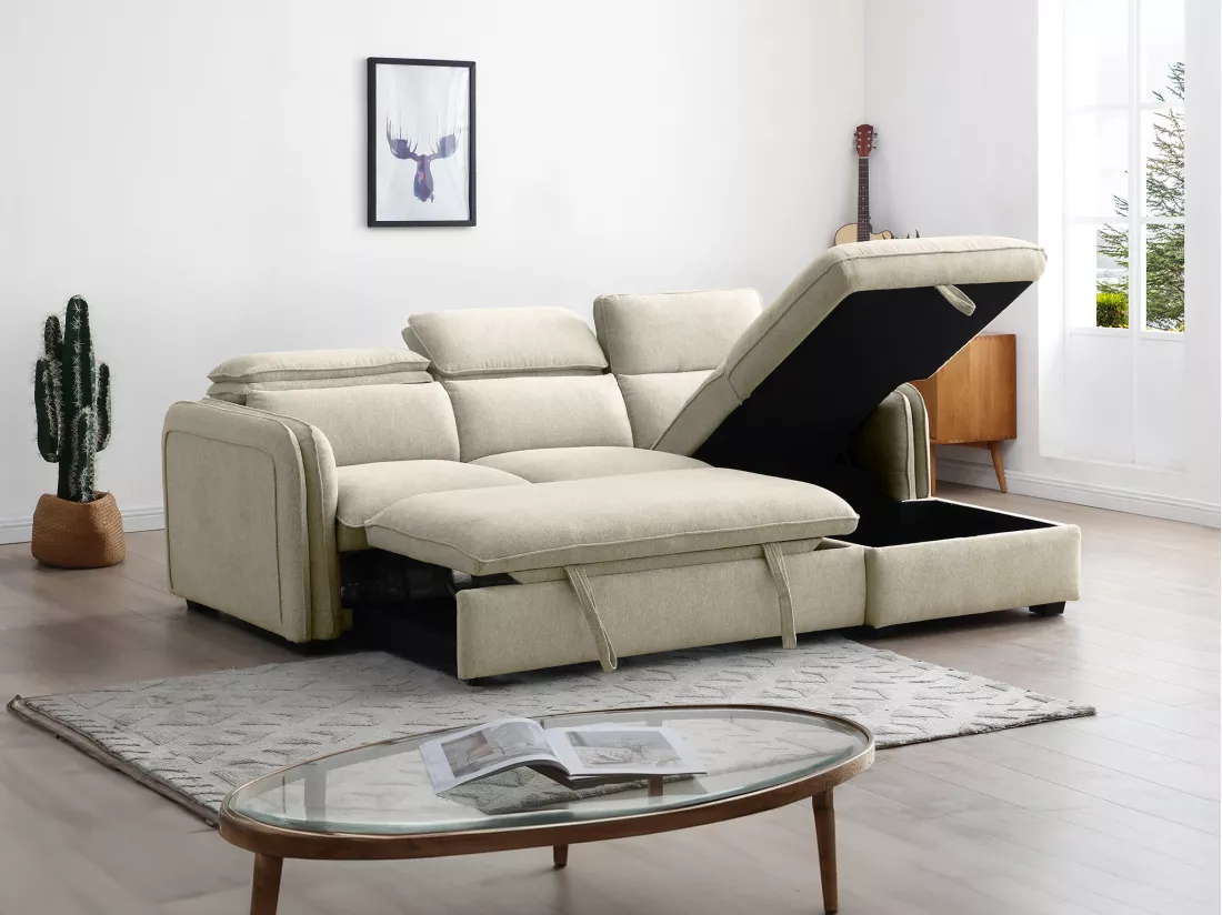 Canapé d'angle droit convertible en tissu beige ORELANA