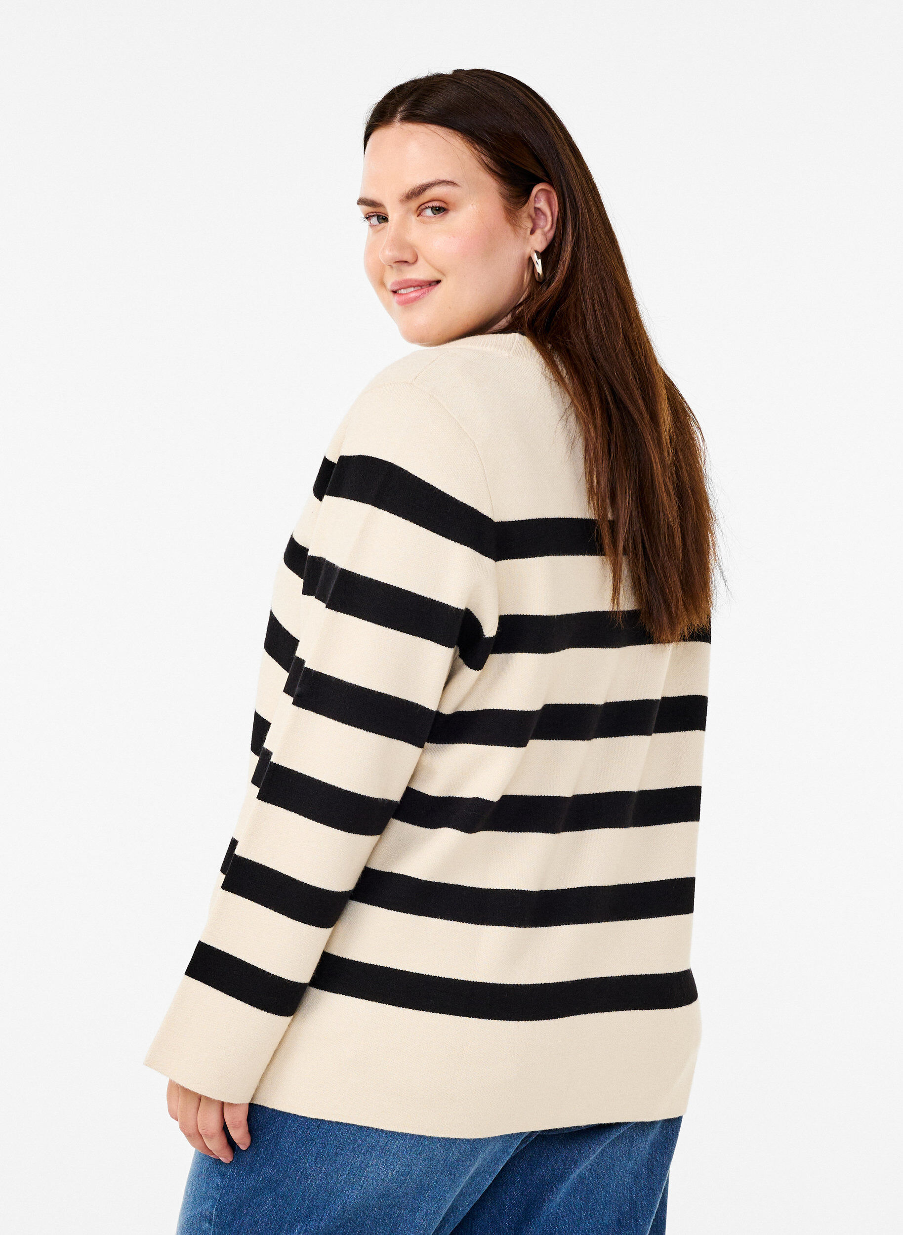 Stribet strikcardigan med v-hals