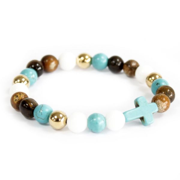 Awartisan Pulseira Turquesa com Cruz e Pérolas Raras