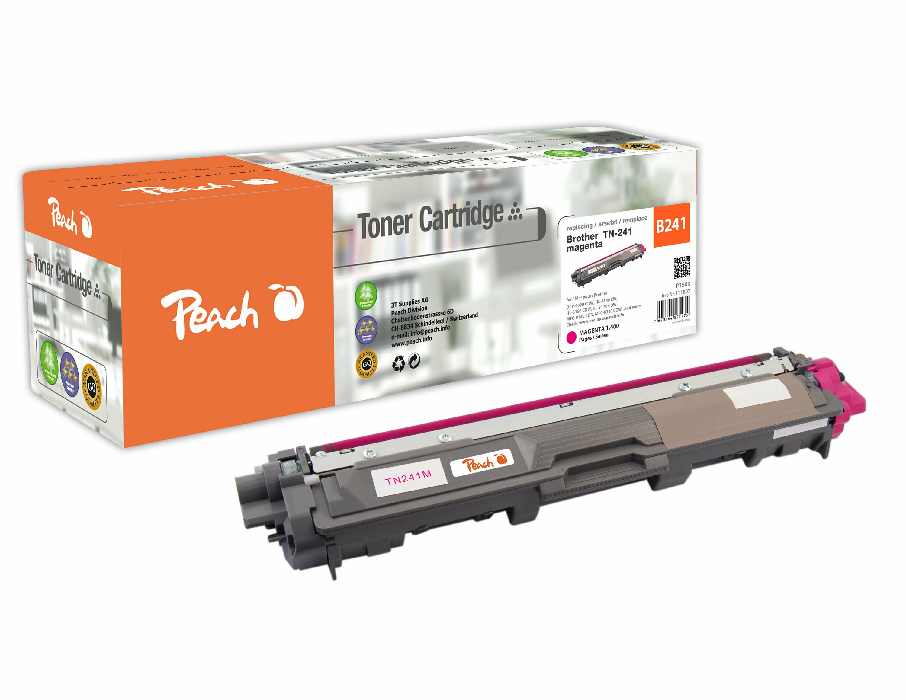 Peach B241 M Toner ma ersetzt Brother TN-241M für z.B. Brother DCP -9020 CDW, Brother HL -3140 CW, Brother HL -3150 CDN, Brother HL -3150 CDW (wiederaufbereitet)