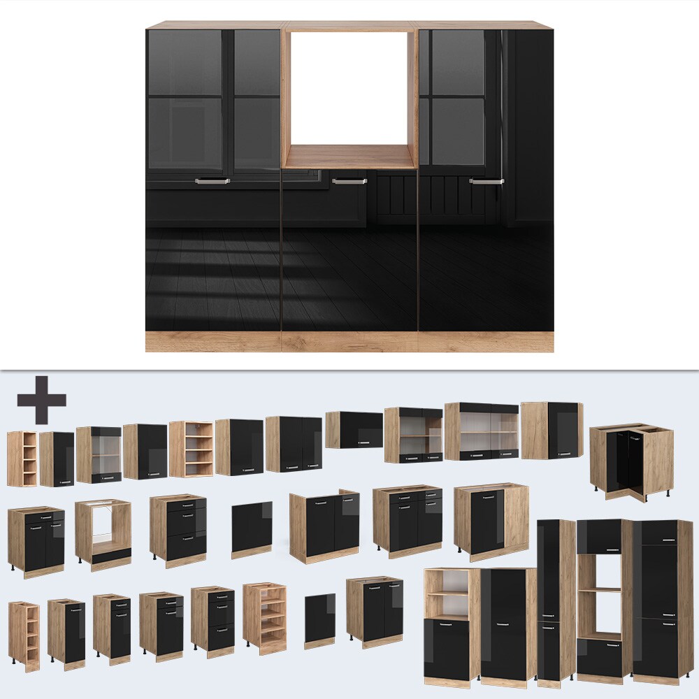 Vicco Küchenzeile R-Line Solid Eiche Schwarz 180 cm modern Küchenschränke Küchenmöbel