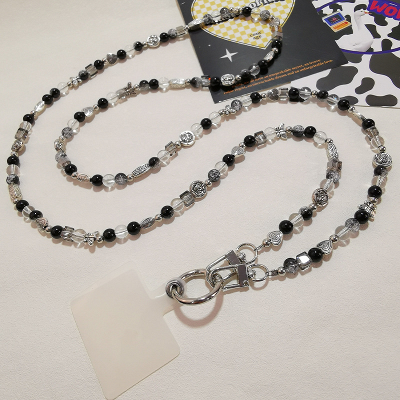 (120cm) Universal Necklace Handykette Umhängeband für Schutzhülle mit Glitzersteinen   1x Einlage - Schwarz / Transparent