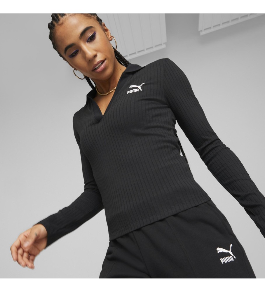 Camiseta Puma Classic com Decote em V e Textura Canelada, Preta