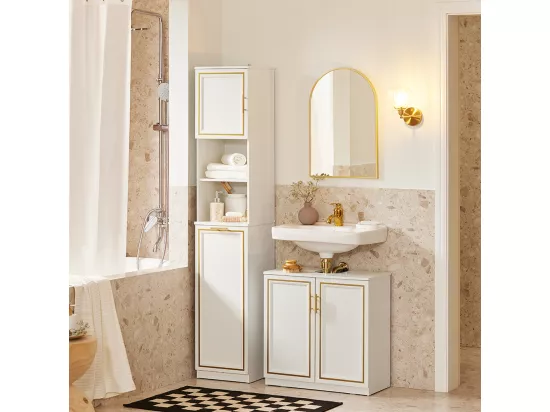 SoBuy Meuble Colonne de Salle de Bain Armoire Haute Étagère étroite de Salle de Bain Meuble de Rangement avec 2 Portes, 2 Compartiments Ouverts et 1 Panier à Linge 33x32x171 cm, BZR87-W
