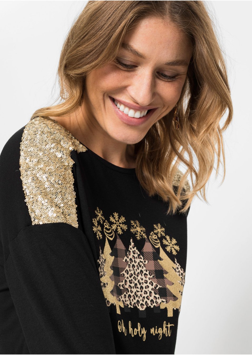 T-shirt manches longues oversize avec motif de Noël et jolies paillettes