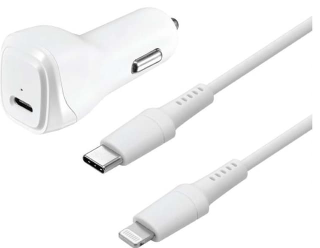 Sandstrøm USB-C-til-Lightning- biloplader (hvid)
