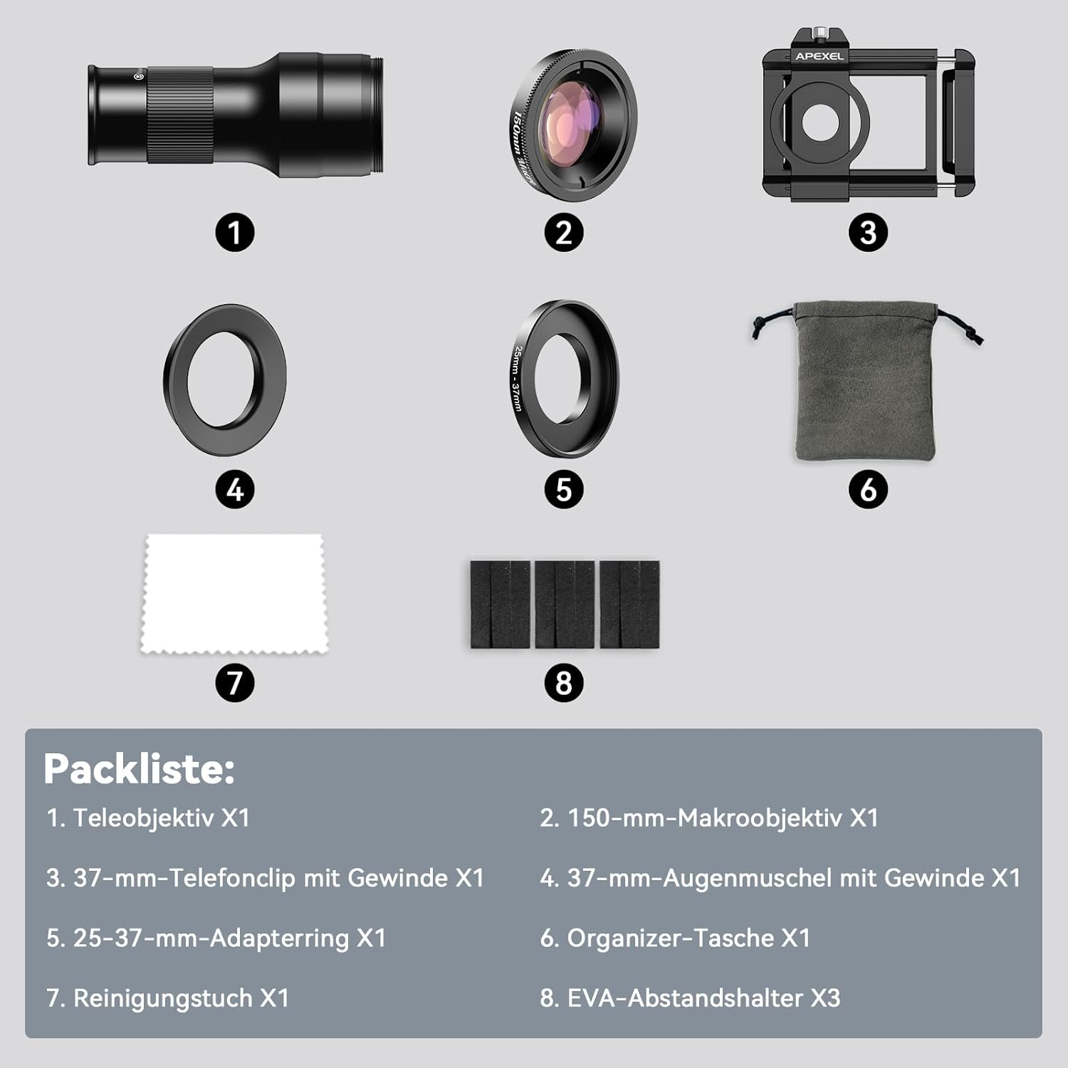 2in1 Universal Smartphone Alu Kamera Teleskop Objektiv Televorsatz mit 6x-Teleobjektiv / 150-mm-Makroobjektiv / Universalclip  - Schwarz