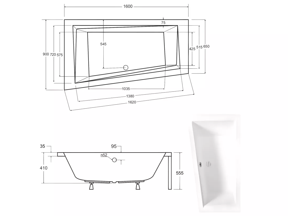Baignoire asymétrique + tablier blanc + repose tête - INTIMA - 160 x 90 cm - Gauche