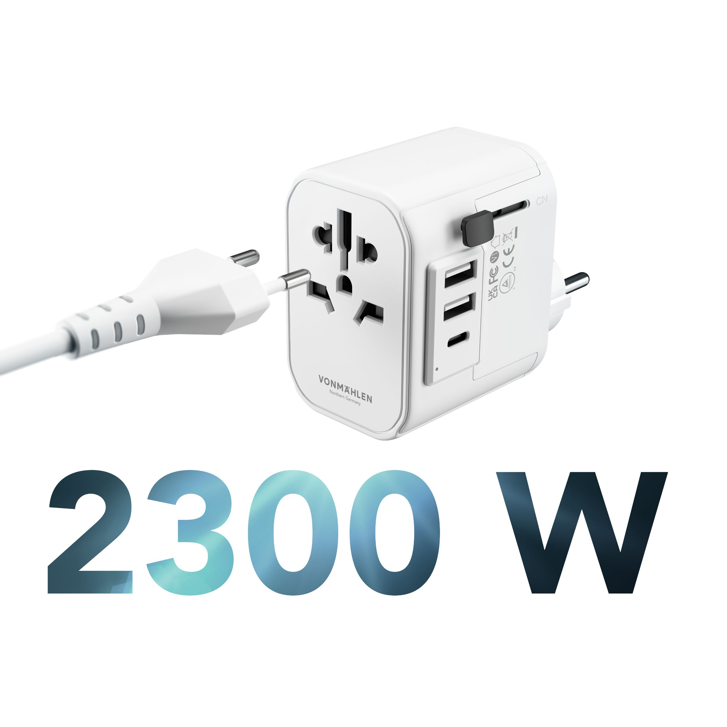 Unity One Weltreiseadapter Netzteil  US / AU / UK / DE / CN / HK / JP   2x USB / 1x USB C (UTO00002) - Weiss