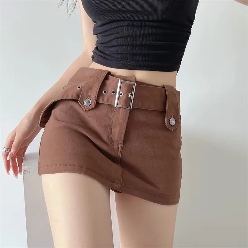 Reknovine - Mini denim rok met lage taille en riemaccent