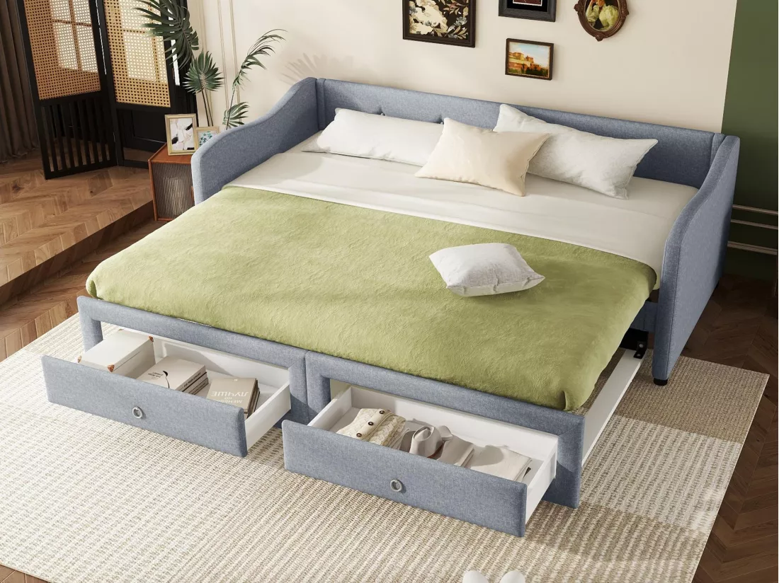 Lit gigogne 90/180x200cm avec 2 tiroirs - tissu en lin - Gris (matelas non inclus)