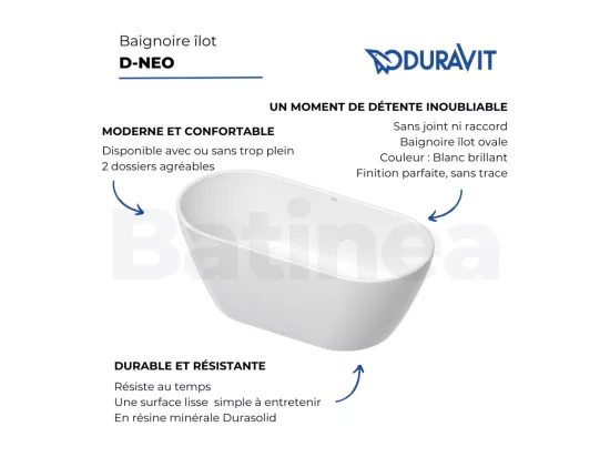Baignoire îlot 160x75 DURAVIT D-Neo avec trop-plein