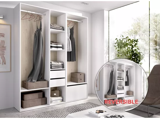 Ensemble dressing avec 2 tiroirs + 1 porte à chaussure et fond d'arrière réversible coloris chêne naturel, blanc  - Longueur 158 x Profondeur 45 x Hauteur 205 cm