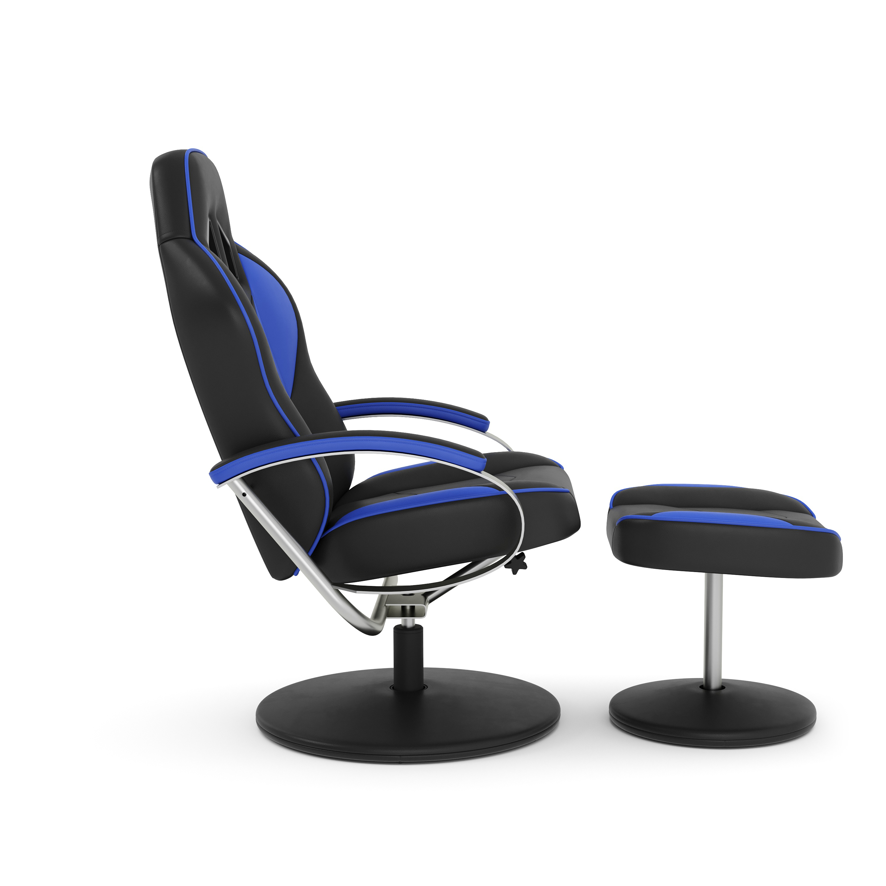 Fernsehsessel Leder mit Fusshocker blau/schwarz