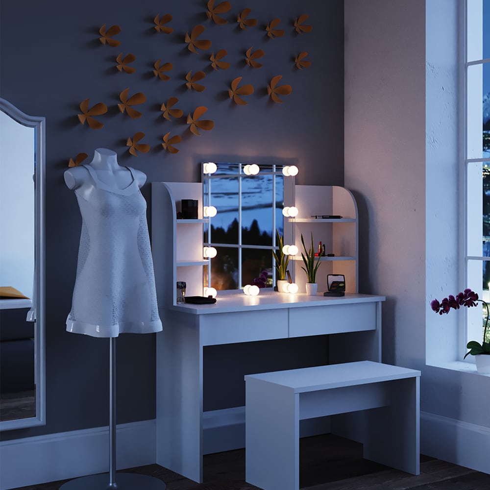 Vicco Schminktisch Charlotte Frisiertisch Frisierkommode Kosmetiktisch Weiß mit Bank und LED-Lichterkette