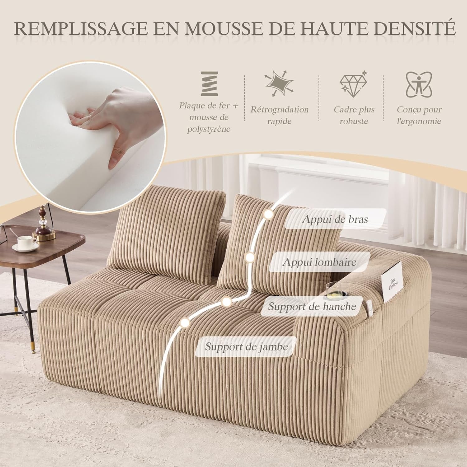 Canapé en Velours côtelé Moderne avec 2 Coussins, 2 Poches latérales, Canapé de Loisirs Modular 2 Places avec 2 Porte-gobelet, Canapé d'angle pour Salon, Bureau (Khaki) UW1265353